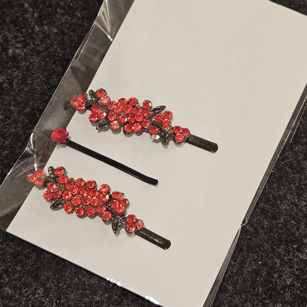 Set of 3 Ruby Red Rhinestone hair pins Special Occasion Bun Braid Prom Party